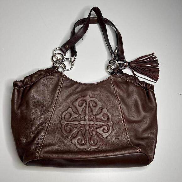 SOLINA Brown Leather Satchel Tote Purse Embossed Scroll Design Silver Rings Tass - Picture 1 of 9